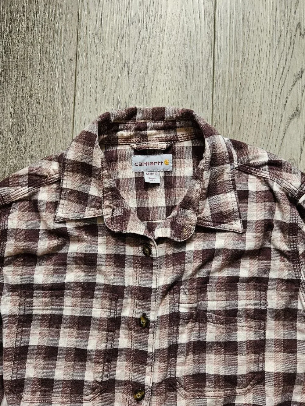 Carhartt Womens Medium Rugged Flex Plaid Flannel Shirt Brown Tan Button Up M 8 1 - Picture 3 of 9